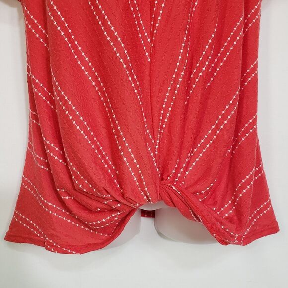 W5 Women’s Top Small Dot Striped Flutter Twist Front Short Sleeve Red V Neck - Picture 4 of 9